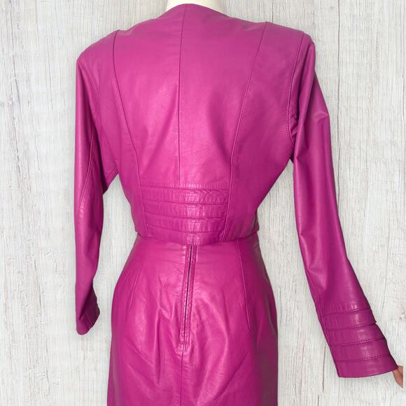 Vintage 80s Yucatan Bay Pink 2 Piece Leather Mini Skirt Jacket Matching Suit Set - Picture 6 of 14